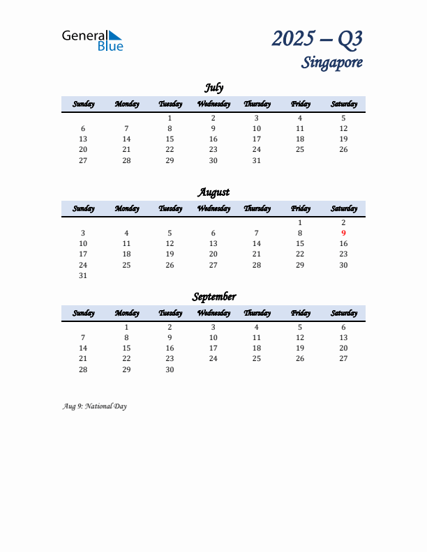 July, August, and September Calendar for Singapore with Sunday Start