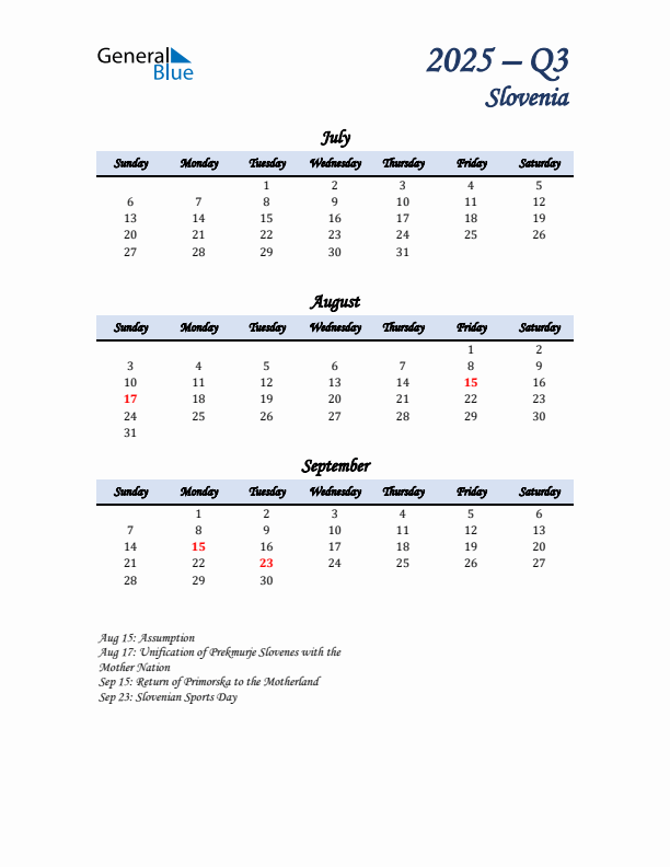 July, August, and September Calendar for Slovenia with Sunday Start