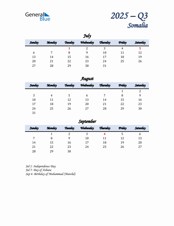 July, August, and September Calendar for Somalia with Sunday Start