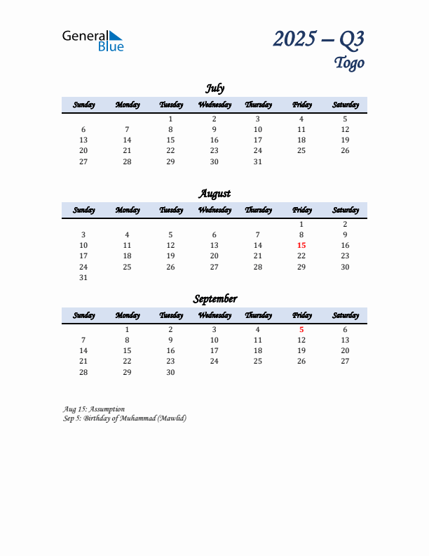 July, August, and September Calendar for Togo with Sunday Start