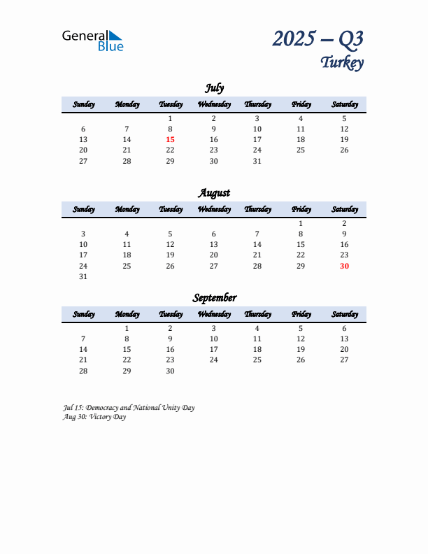 July, August, and September Calendar for Turkey with Sunday Start