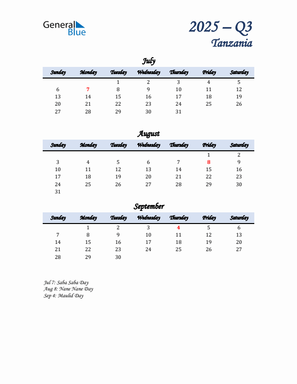 July, August, and September Calendar for Tanzania with Sunday Start