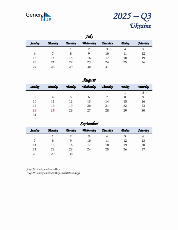 July, August, and September Calendar for Ukraine with Sunday Start