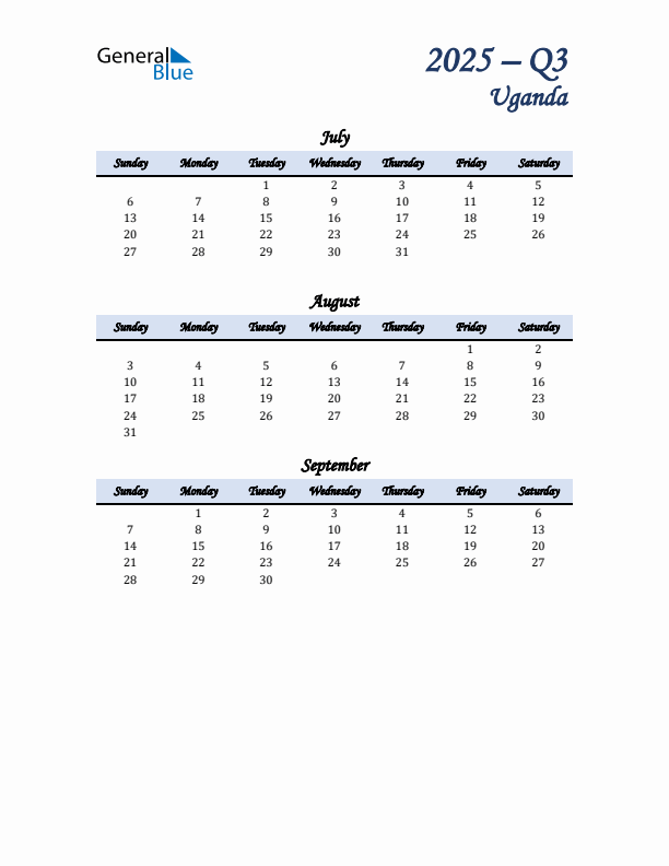 July, August, and September Calendar for Uganda with Sunday Start