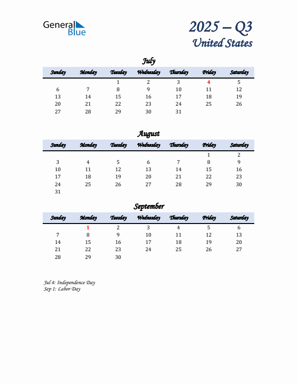 July, August, and September Calendar for United States with Sunday Start