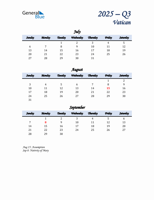 July, August, and September Calendar for Vatican with Sunday Start