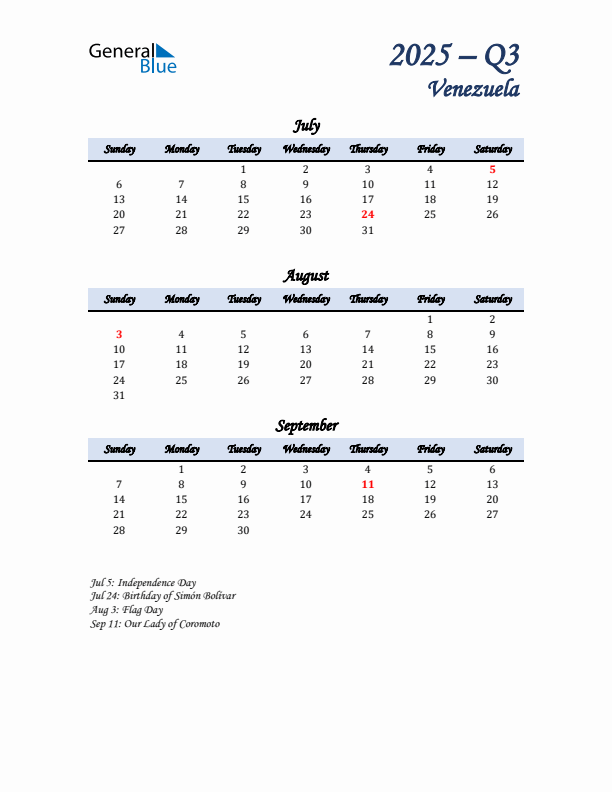 July, August, and September Calendar for Venezuela with Sunday Start