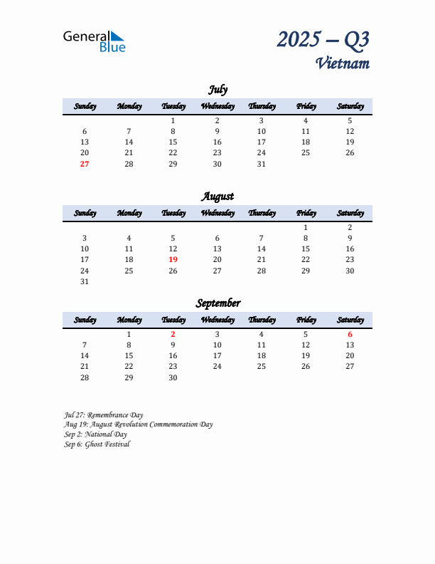 July, August, and September Calendar for Vietnam with Sunday Start