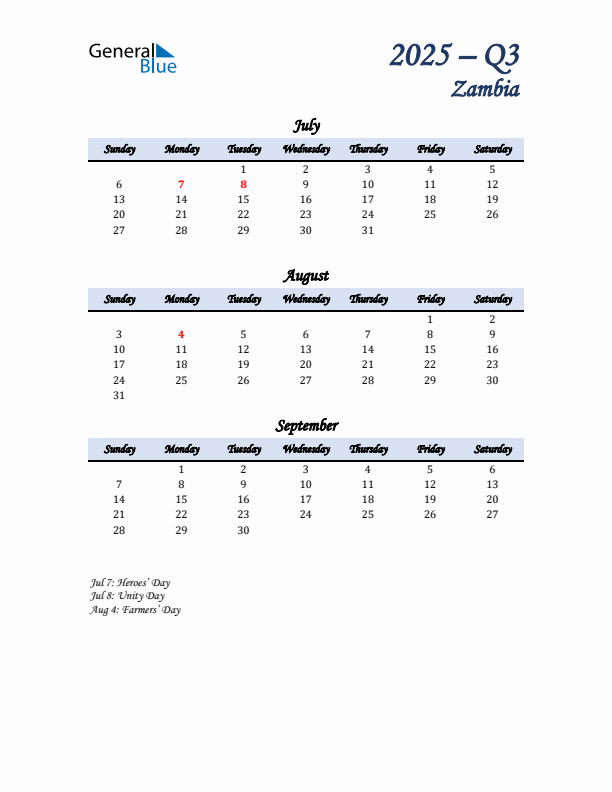 July, August, and September Calendar for Zambia with Sunday Start