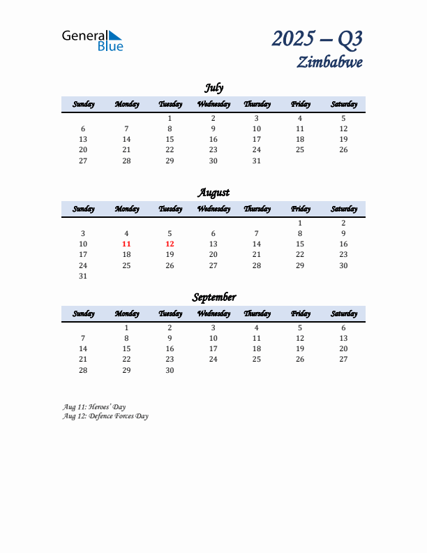 July, August, and September Calendar for Zimbabwe with Sunday Start