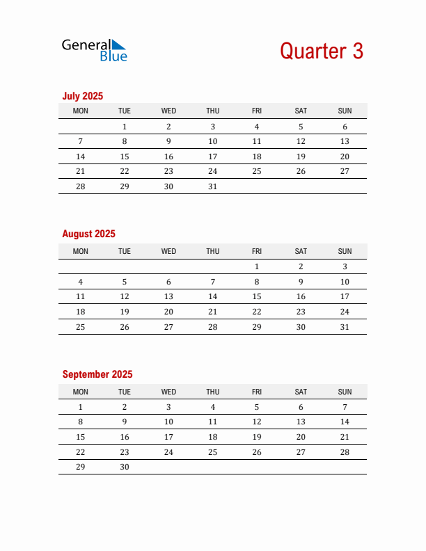 Three-Month Printable Calendar 2025