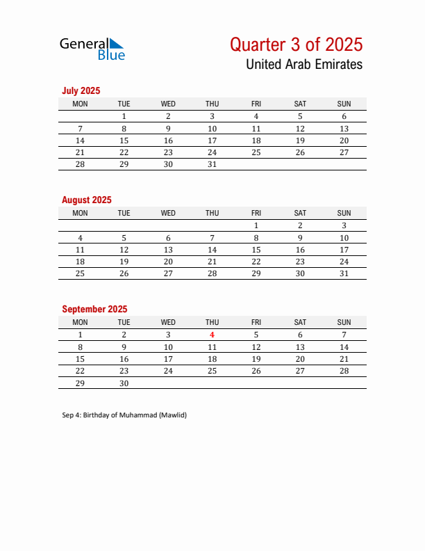 Printable Three Month Calendar with United Arab Emirates Holidays