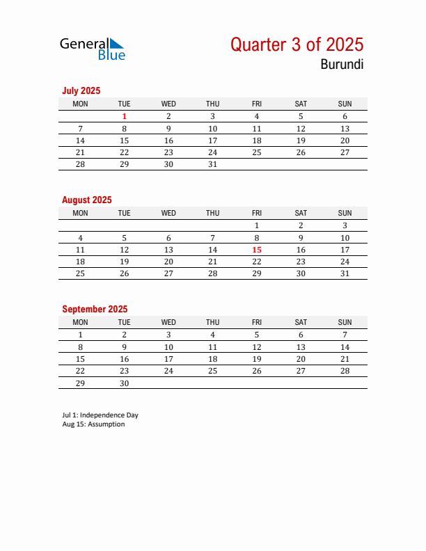 Printable Three Month Calendar with Burundi Holidays