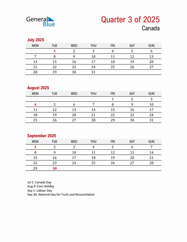 Printable Three Month Calendar with Canada Holidays