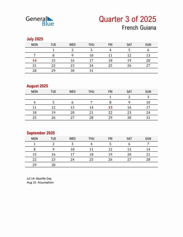 Printable Three Month Calendar with French Guiana Holidays