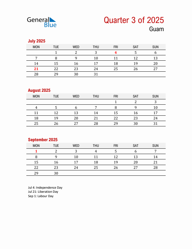 Printable Three Month Calendar with Guam Holidays