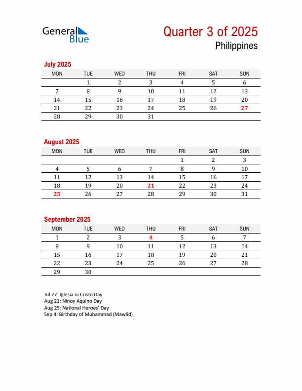 Printable Three Month Calendar with Philippines Holidays