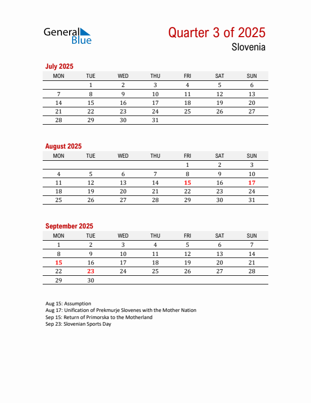 Printable Three Month Calendar with Slovenia Holidays