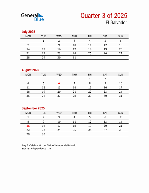 Printable Three Month Calendar with El Salvador Holidays