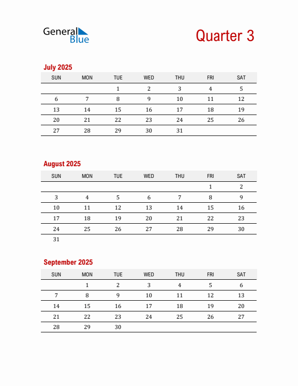 Three-Month Printable Calendar 2025