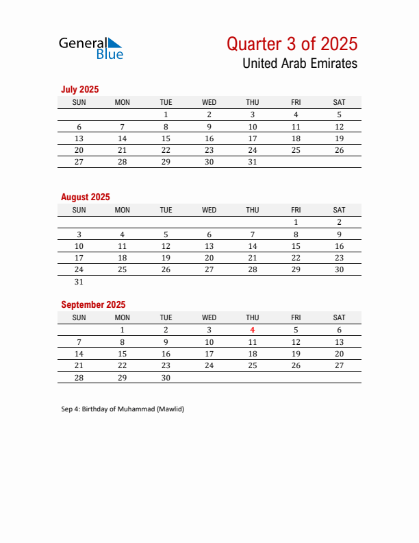 Printable Three Month Calendar with United Arab Emirates Holidays