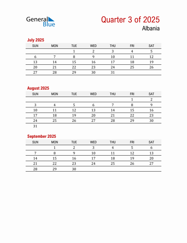 Printable Three Month Calendar with Albania Holidays