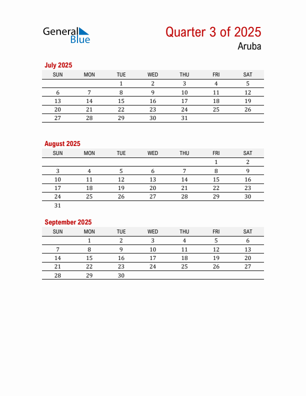 Printable Three Month Calendar with Aruba Holidays