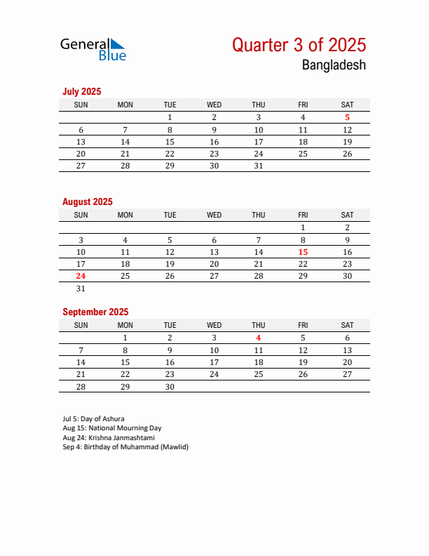 Printable Three Month Calendar with Bangladesh Holidays