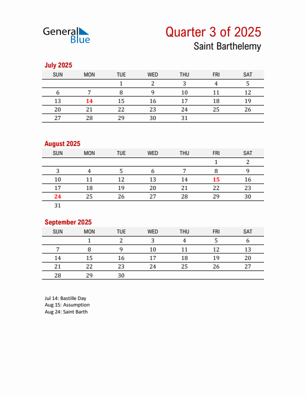 Printable Three Month Calendar with Saint Barthelemy Holidays