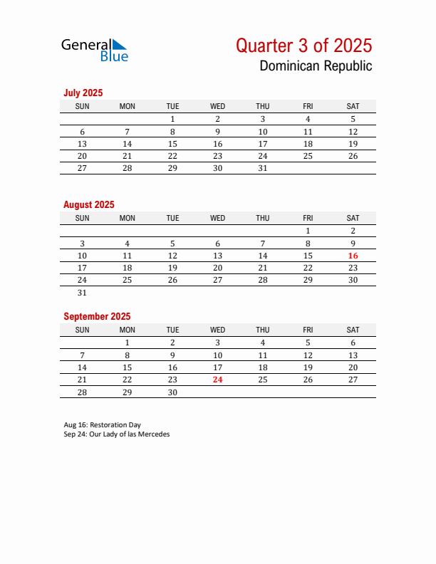 Printable Three Month Calendar with Dominican Republic Holidays