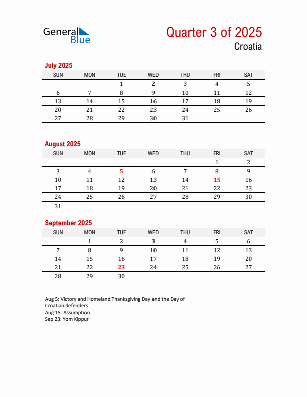 Printable Three Month Calendar with Croatia Holidays