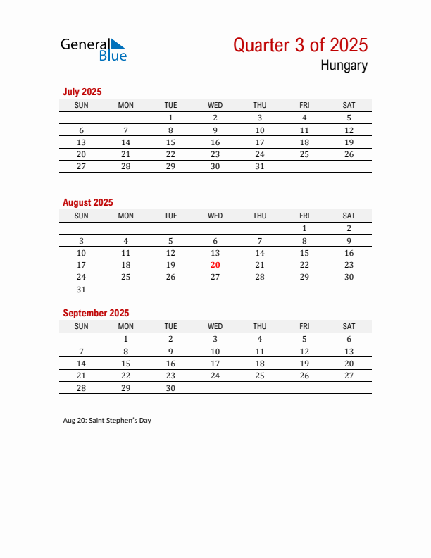 Printable Three Month Calendar with Hungary Holidays