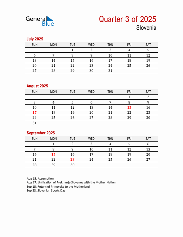 Printable Three Month Calendar with Slovenia Holidays