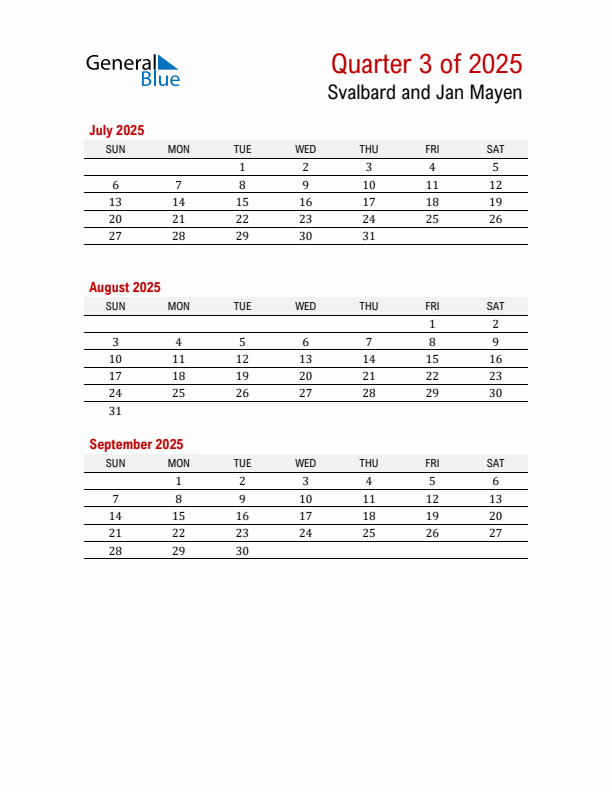 Printable Three Month Calendar with Svalbard and Jan Mayen Holidays