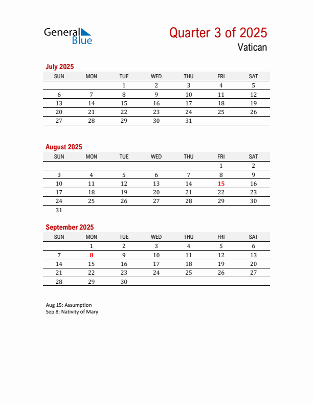 Printable Three Month Calendar with Vatican Holidays