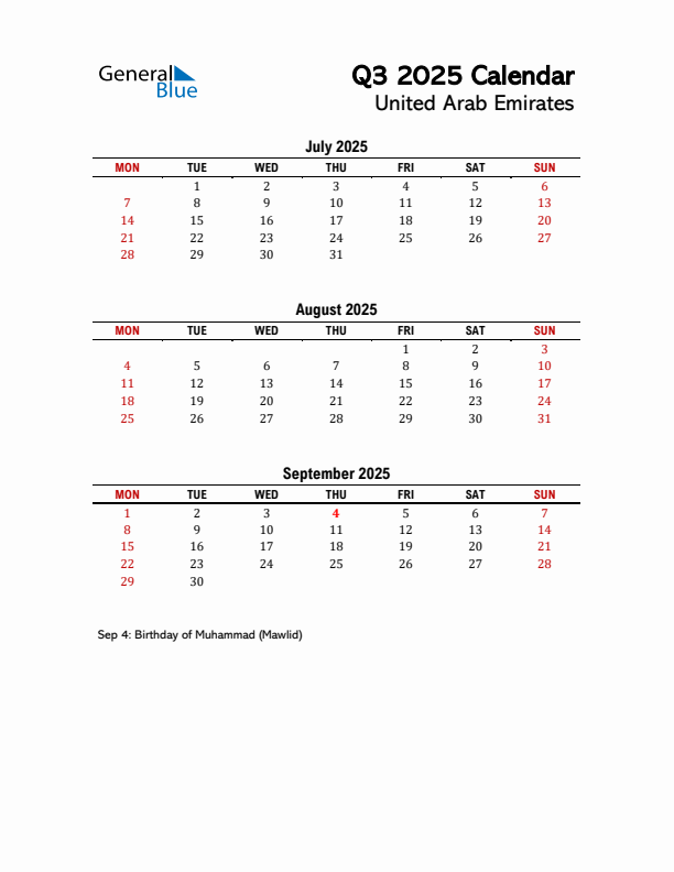 2025 Q3 Calendar with Holidays List for United Arab Emirates