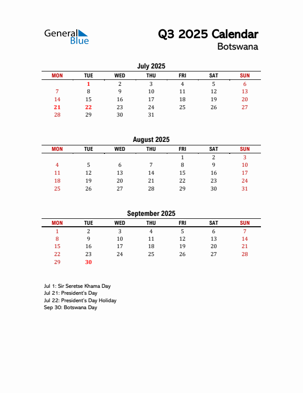 2025 Q3 Calendar with Holidays List for Botswana