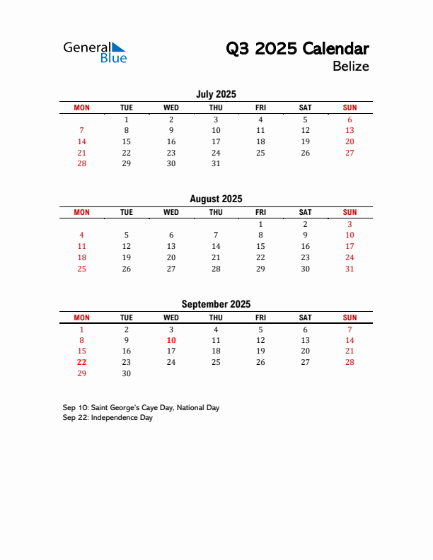 2025 Q3 Calendar with Holidays List for Belize