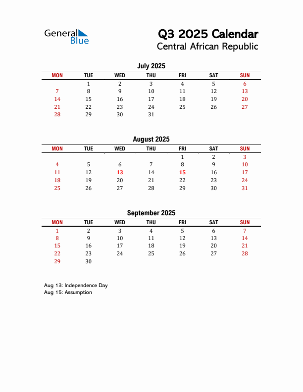 2025 Q3 Calendar with Holidays List for Central African Republic