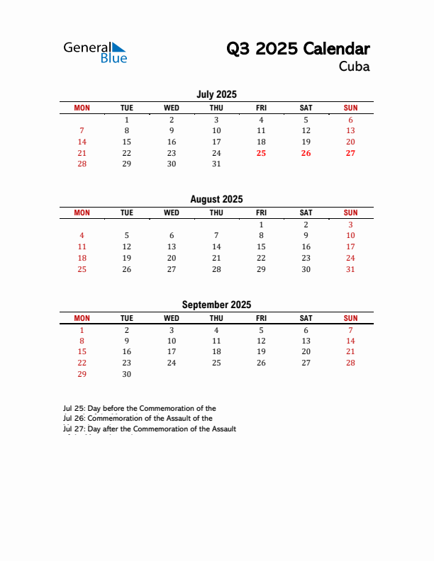 2025 Q3 Calendar with Holidays List for Cuba