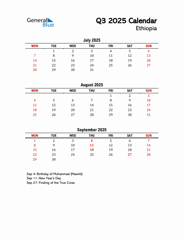 2025 Q3 Calendar with Holidays List for Ethiopia