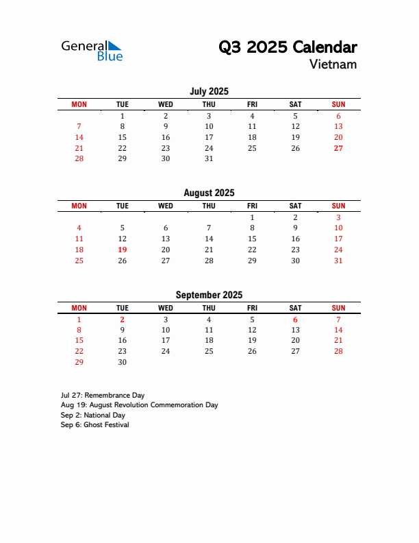 2025 Q3 Calendar with Holidays List for Vietnam