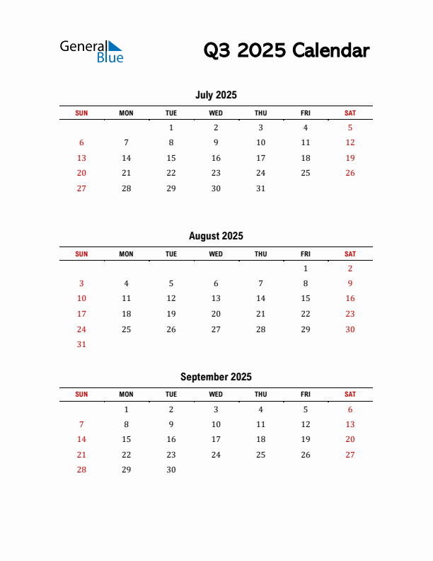 2025 Q3 Calendar with Red Weekend