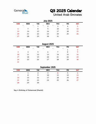 United Arab Emirates Quarter 3 2025 calendar template