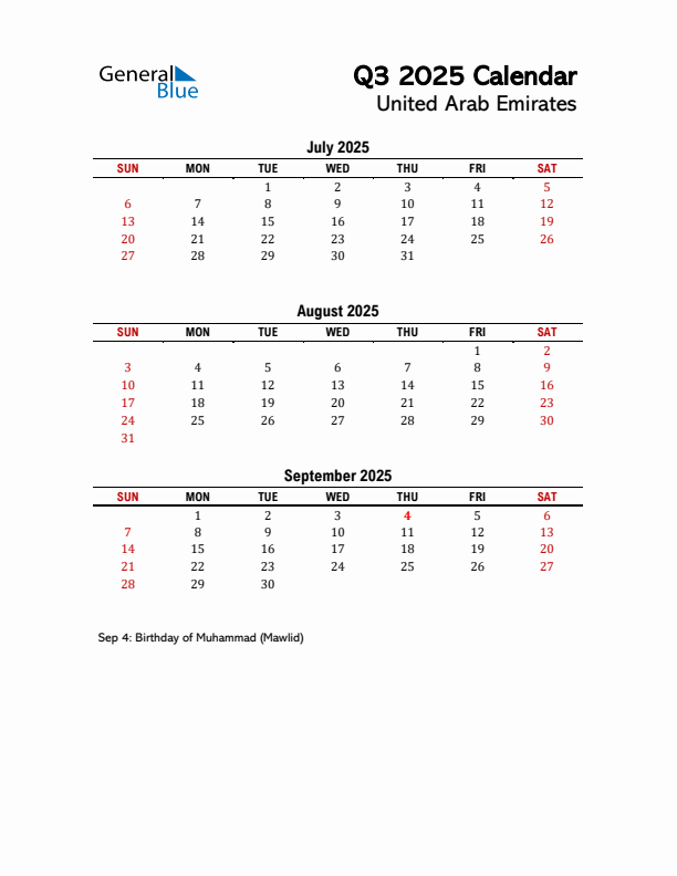 2025 Q3 Calendar with Holidays List for United Arab Emirates