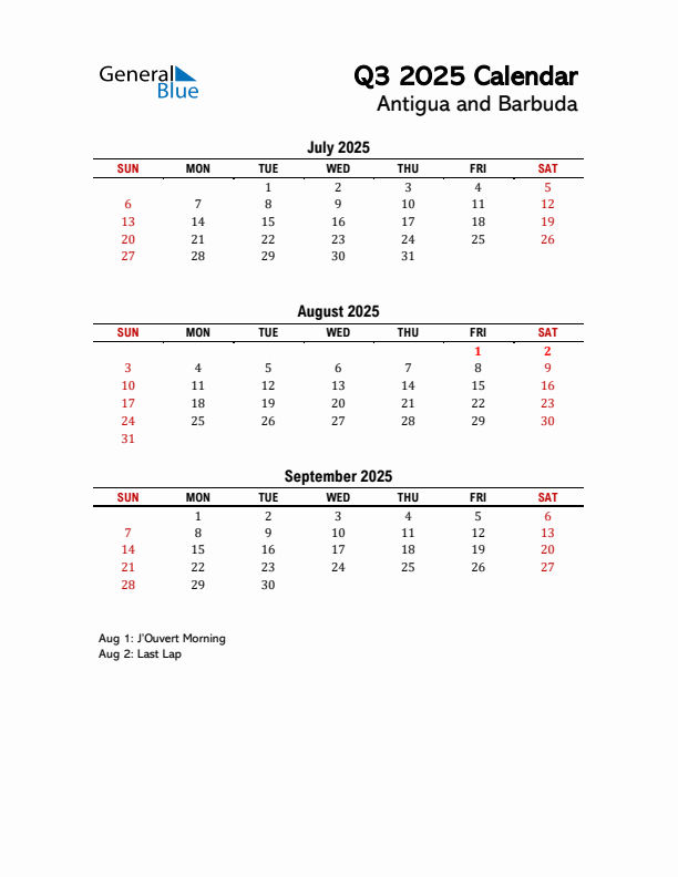 2025 Q3 Calendar with Holidays List for Antigua and Barbuda