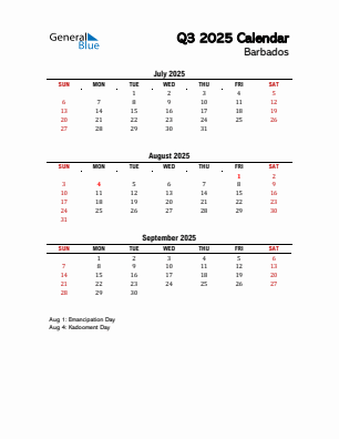 Barbados Quarter 3 2025 calendar template