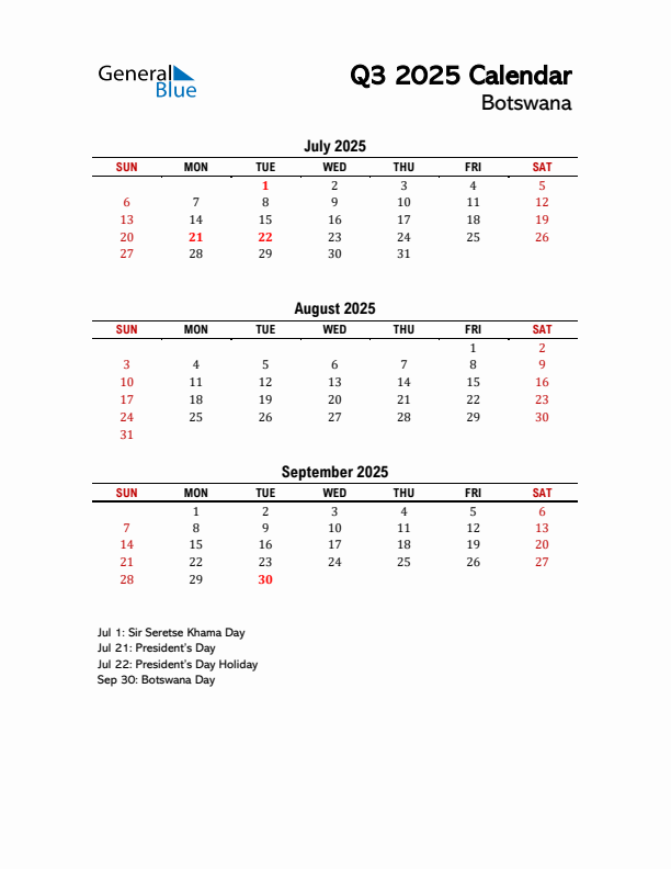 2025 Q3 Calendar with Holidays List for Botswana