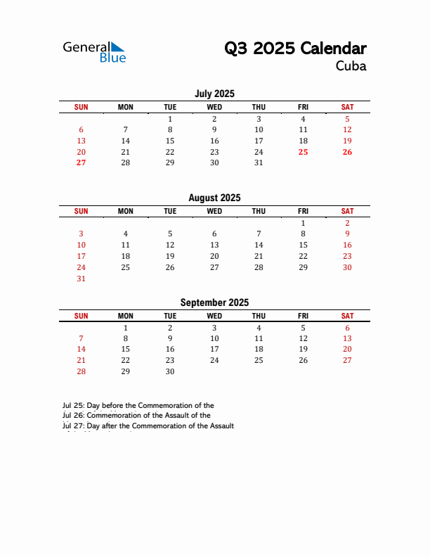 2025 Q3 Calendar with Holidays List for Cuba