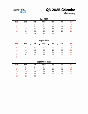Germany Quarter 3 2025 calendar template